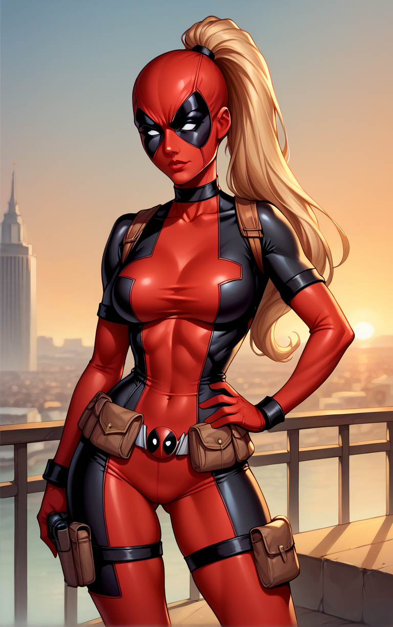 score_9, score_8_up, score_7_up, BREAK 
COMICS_LadyDeadpool_ownwaifu, 
1girl, blonde hair, empty eyes, high ponytail, large breasts, masked,  superhero, toned, very long hair, white eyes, mask, long hair, no pupils, narrow waist, 
bodysuit,  red bodysuit, black bodysuit, brown belt, multicolored bodysuit, belt pouch, utility belt, skin tight, belt, holster, gloves, pouch, covered navel, armor, choker, thigh strap, thigh holster, thigh pouch, ninja,
(contrapposto, hand on hip), sunset, sidelighting, cityscape, vanishing point, outdoors, <lora:PONYXL_COMICS_LadyDeadpool_ownwaifu:1> , depth of field, solo,