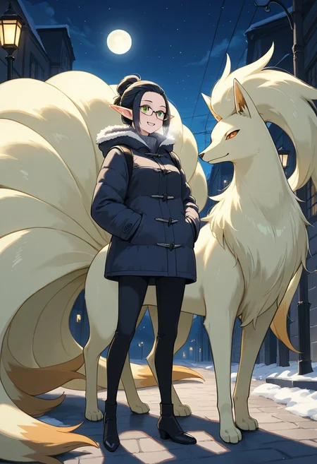 Duo, snowy street, nighttime, moonlight, detailed background, elf walking with feral ninetales, happy, cute, very pretty, beautiful, smiling, full body, visible breath,
1elf(petite elf, black hair, small breasts, messy bun, hair in a bun, hair tied back, green eyes, wearing glasses, pointed ears, winter clothes),
1creature(zzNinetails,ninetales, digitigrade, waist height, amber eyes,((feral ninetales)))