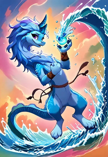 score_9, score_8_up, score_7_up, score_6_up, score_5_up, score_4_up, source_furry, source_anime, BREAK, feral dragon girl flying out of the water amid flying water droplets, water magic, controling water, nature magic, druid,smiling,(, tribal outfit, tribal, tribal markings, tribal paint, tribal jewlery,leather bracers, leather straps, shining horn),sisu_ratld, dragon, tail, claws, double horns, blueish purple hair, blue fur, back dorsal fins, purple eyes, female, 1girl, long body, tail, furry female,  feral, female, action pose,eastern dragon, looking at viewer, tail, female focus,full body,furry, no human,illustration, fortnitelsxl, aura, multicolored background, ((blue and violet waves background)), thick multicolored outline, background: waves of paint, reij-splshpwdr, ink lined illustration, Kemono, seth-iova,