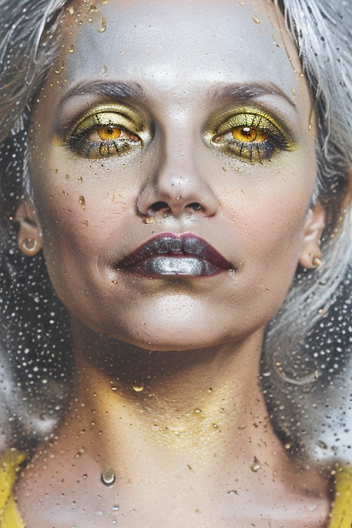 old woman with metal silver hair, yellow-amber metal slime skin, and ruby eyes, cold rain on glass