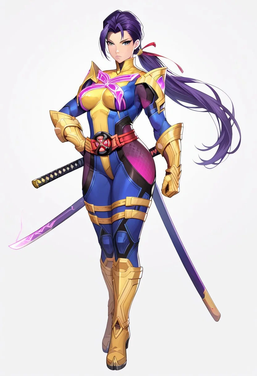 (score_9, score_8, score_7), masterwork, masterpiece, psylocke, 1girl, solo, beautiful eyes, beautiful face, detailed eyes, detailed face,
long purple ponytail, serious look, katana in right hand, standing diagonal pose, yellow armored boots and gloves, glowing pink chest insignia, red belt, cyber armor suit with sleek black and pink contour panels, anime hero design, full body. tight blue and yellow bodysuit, glowing pink butterfly symbol on chest, red X-emblem belt, metallic yellow gauntlets and boots, pink mesh panels on thighs, black contour lines on hips and torso, standing pose, confident expression