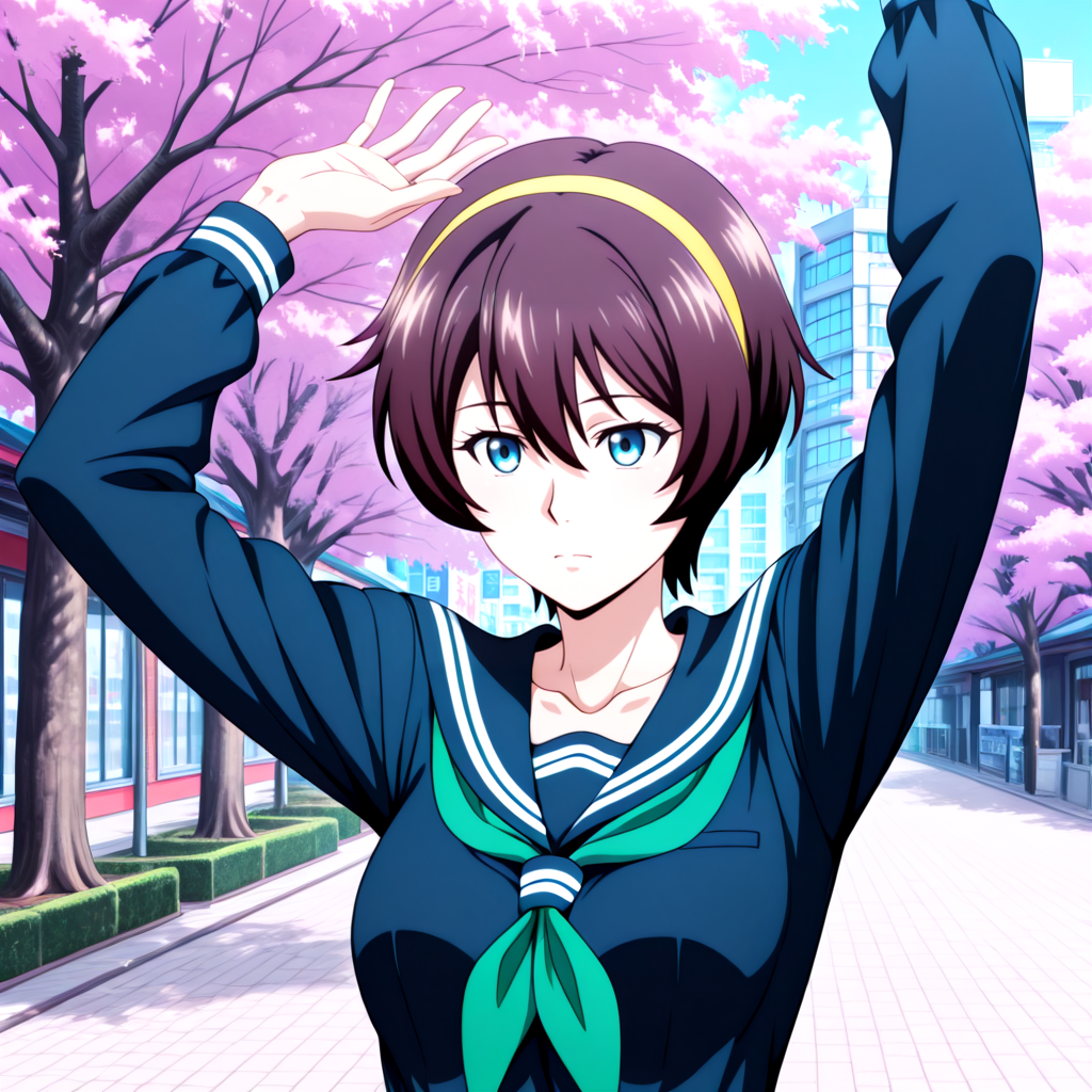 Yuu_School, 1girl, brown short hair, hair between eyes, blue eyes, medium breasts, collarbone, yellow hairband, serafuku, green neckerchief, sailor collar, dark blue serafuku, long sleeves, , <lora:Yuu_IL2:1> Shopping district adorned with cherry blossom trees,  Graceful stretch: Arms raised above the head in a stretch.