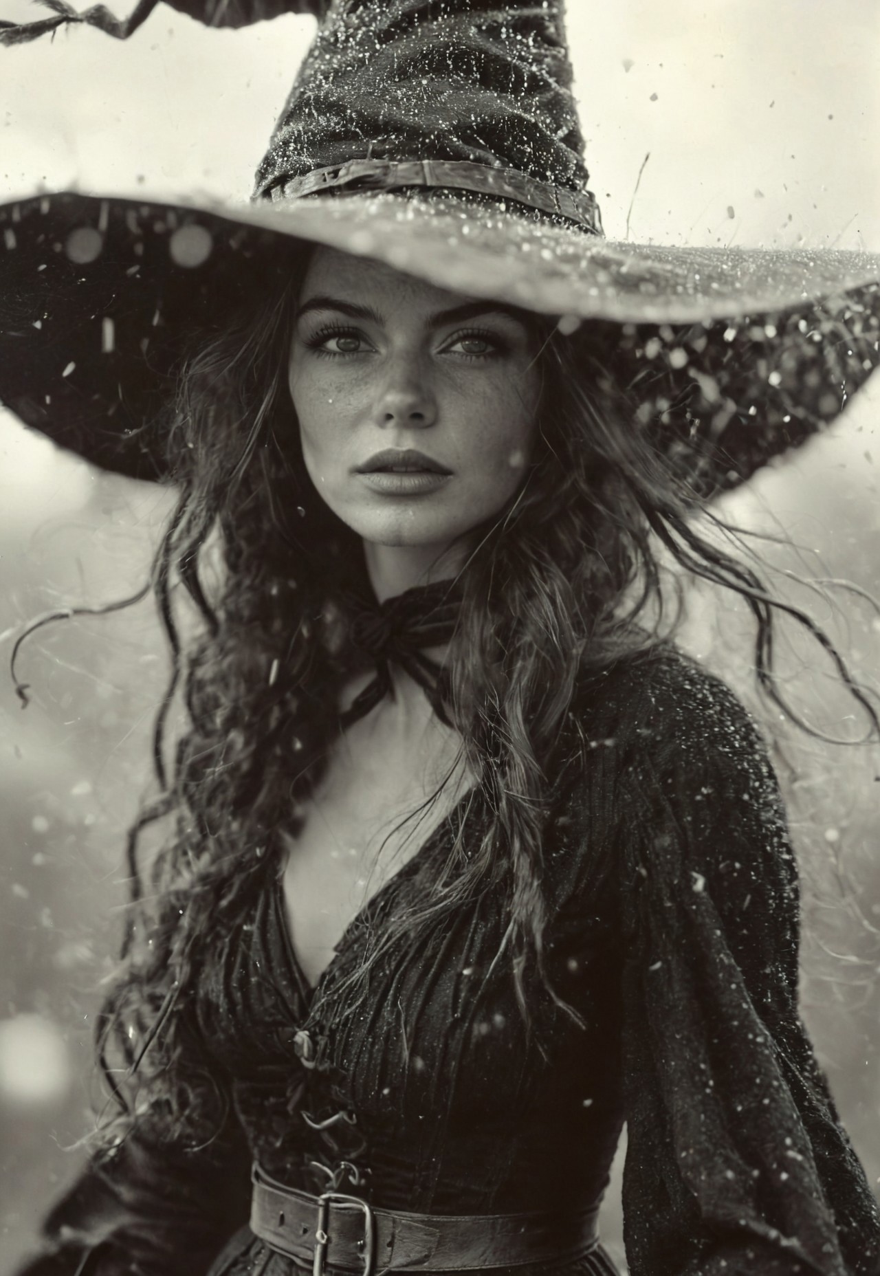 side view action shot, monochrome, low key color graded, Create a vintage closeup portrait analog photograph of a charming Natural freckled buxom witch flying through a raging storm on her broomstick. upper body shot, detailed face and skin, detailed hair and clothes, she looks to her goal with a fighting look, rain particles, storm, atmospheric haze, atmospheric light from dense and dark translucent blizzard clouds, Despite the fierce winds, A cute black cat sits in front of her on the broom, braving the storm alongside her. Kiki is dressed in a weathered, long black Renaissance wool coat, with a simple, tight-fitting black wool dress with a high collar underneath. Her long, pointed witch hat is in danger of being blown away, so she holds it firmly on her head as she soars through the stormy, cloud-filled sky. female focus, crepuscular rays, volumetric lighting, ultra detailed, deep Blacks, very detailed, atmospheric haze, Film grain, cinematic film still, shallow depth of field, highly detailed, high budget, cinemascope, moody, epic, OverallDetail, 2000s vintage RAW photo, photorealistic, candid camera, color graded cinematic, eye catchlights, atmospheric lighting, imperfections, natural, shallow dof