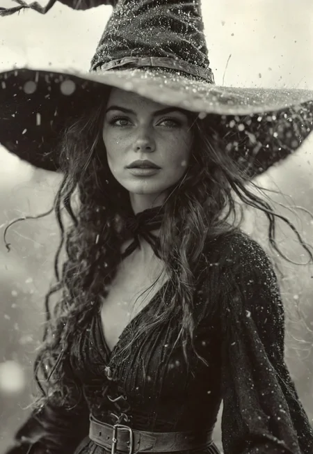 side view action shot, monochrome, low key color graded, Create a vintage closeup portrait analog photograph of a charming Natural freckled buxom witch flying through a raging storm on her broomstick. upper body shot, detailed face and skin, detailed hair and clothes, she looks to her goal with a fighting look, rain particles, storm, atmospheric haze, atmospheric light from dense and dark translucent blizzard clouds, Despite the fierce winds, A cute black cat sits in front of her on the broom, braving the storm alongside her. Kiki is dressed in a weathered, long black Renaissance wool coat, with a simple, tight-fitting black wool dress with a high collar underneath. Her long, pointed witch hat is in danger of being blown away, so she holds it firmly on her head as she soars through the stormy, cloud-filled sky. female focus, crepuscular rays, volumetric lighting, ultra detailed, deep Blacks, very detailed, atmospheric haze, Film grain, cinematic film still, shallow depth of field, highly detailed, high budget, cinemascope, moody, epic, OverallDetail, 2000s vintage RAW photo, photorealistic, candid camera, color graded cinematic, eye catchlights, atmospheric lighting, imperfections, natural, shallow dof