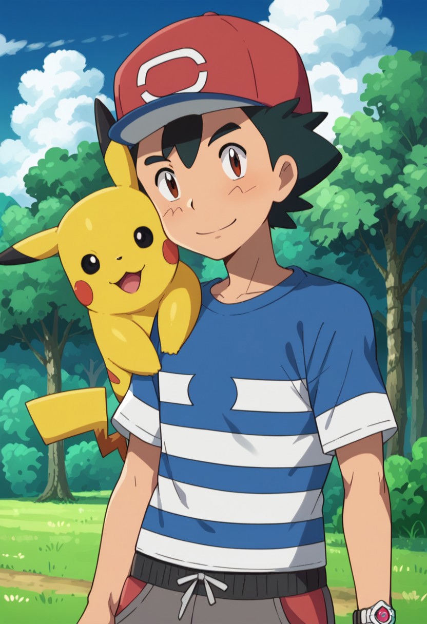 score_9, score_8_up, score_7_up, source_anime, highly detailed, slender, skinny,
ashsm, 1boy, z-ring, pokemon (creature), smile, shirt, male focus, striped shirt, hat, striped, brown eyes,
black hair, pants, t-shirt, baseball cap, short sleeves, bangs, standing, looking at viewer, grey pants, red headwear, upper body, pokemon on shoulder, v sign,
outdoor, sky, day, trees,