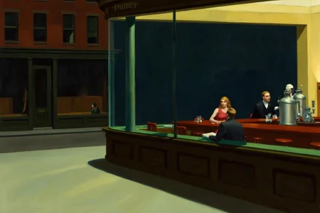 edwardhopper1 painting.
A nighttime urban scene features a bar named "Phillies" on a street corner. The bar's large glass windows reveal a waiter and a few patrons seated at the counter, engaged in conversation. One woman is wearing a red dress, and a man is in a suit. The polished wooden counter has metallic dispensers. The background shows the side of a brick building with large display windows.
 <lora:edwardhopper1_cap_d8a4e11:1.0><lora:847311344918088384:0>