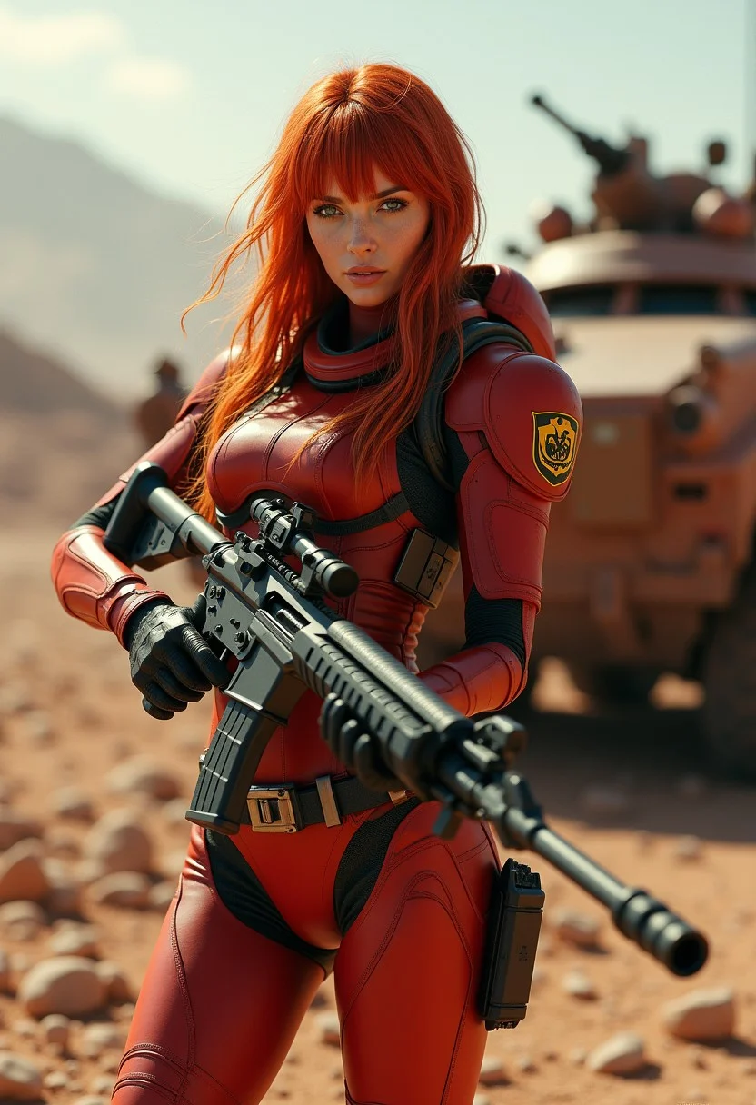 great lighting, intricate detail, beautiful, stunning Soviet woman space marine, long ginger hair with colored streaks, bangs, skin-tight crimson body armor with dark yellow accents, holding assault rifle, aiming at viewer, standing next to armored vehicle on a rocky, dusty planet surface, High Detail, Perfect Composition, movie scenes, highly detailed. Photorealistic rendering, dramatic lighting, sharp contrast