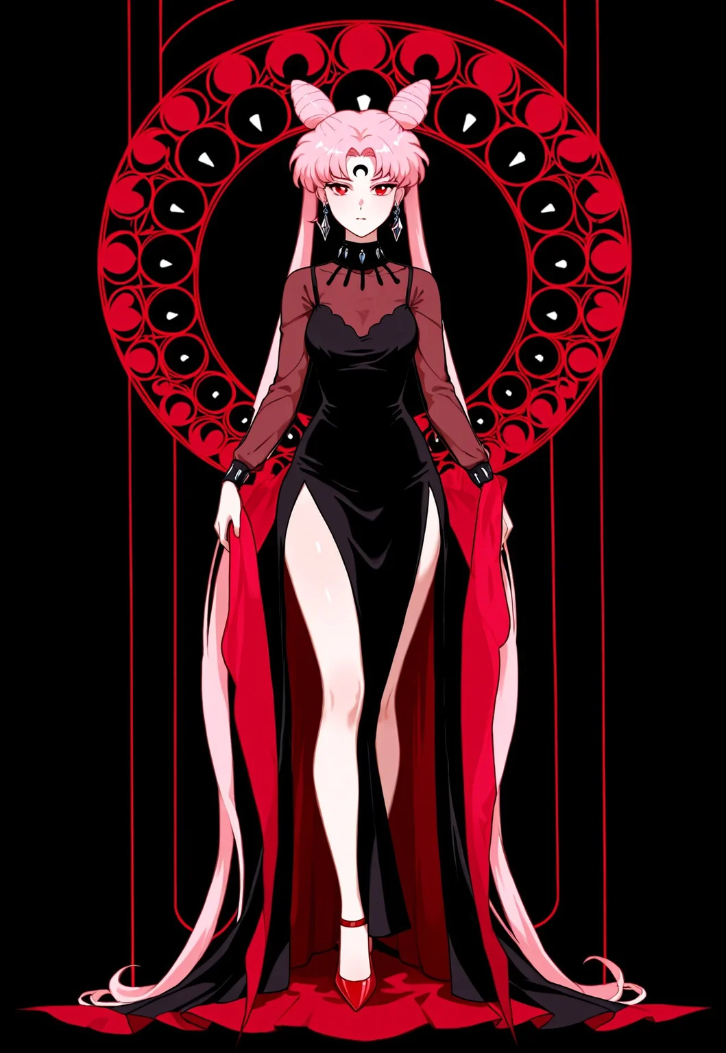 masterpiece, best quality, absurdres, very aesthetic, high score, black_lady_usa, 1girl, solo, long hair, red eyes, dress, twintails, jewelry, very long hair, full body, pink hair, earrings, hair bun, , black dress, double bun, facial mark, crescent, side slit, aged up, forehead mark, cone hair bun, crescent facial mark, crystal earrings, art nouveau