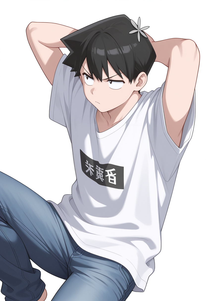 Smooth Quality,masterpiece,very intricate, high quality details, ultra realistic, high detailed skin,detailed enviorement,
simple background, white background, 
from above,angry,reclining, arms folded behind head, one knee bent, looking up, peaceful mood,  ,
 <lora:Tadano_Hitohito_cnn:0.8> 
tadanohitohitocnn, tadanocnn,1boy,black hair, short hair, black eyes, hair flower,
t-shirt, jeans, oversized clothes,