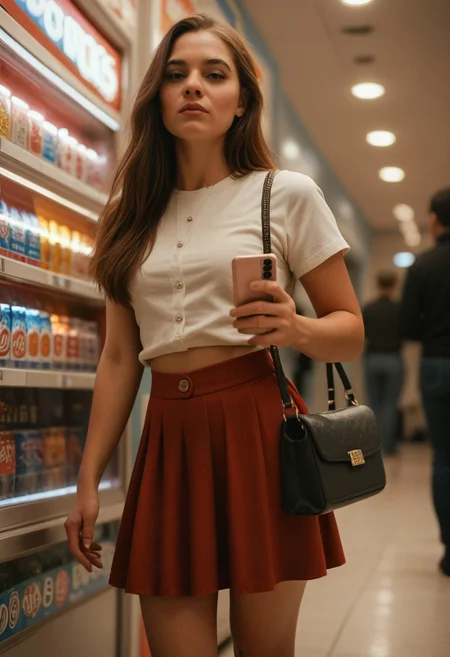 Score_PnyReal C4M3R403, bag, skirt, 1girl, brown hair, 1boy, phone, handbag, long hair, from below, cellphone, red skirt, vending machine, grainy, film photography