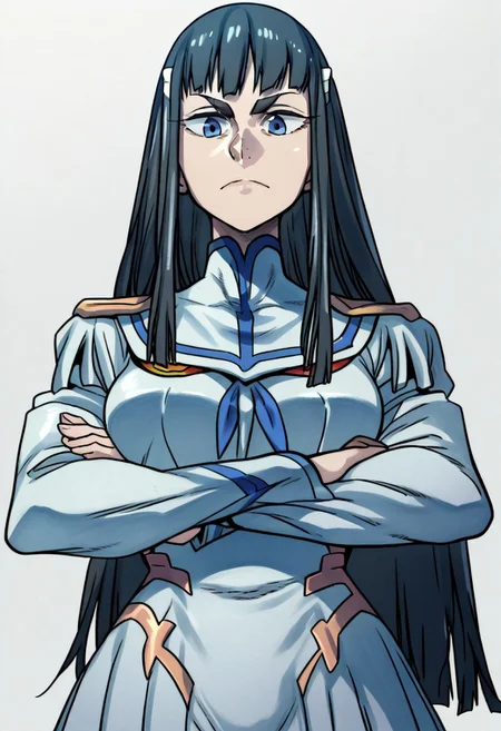 (zPDXL3), 
(zPDXLxxx), 
1girl, 
solo,
Satsuki Kiryuin,
Main Outfit,
from below, 
crossed arms, 
bust up,
simple background,