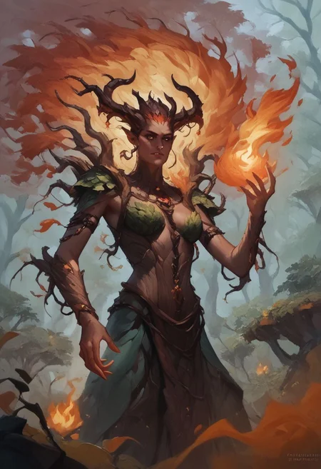 score_9, score_8_up, score_7_up, 
Ent, living tree, wood texture, colored bark, colored foliage,, (flaming horns, horns made of fire), fireball in the hand