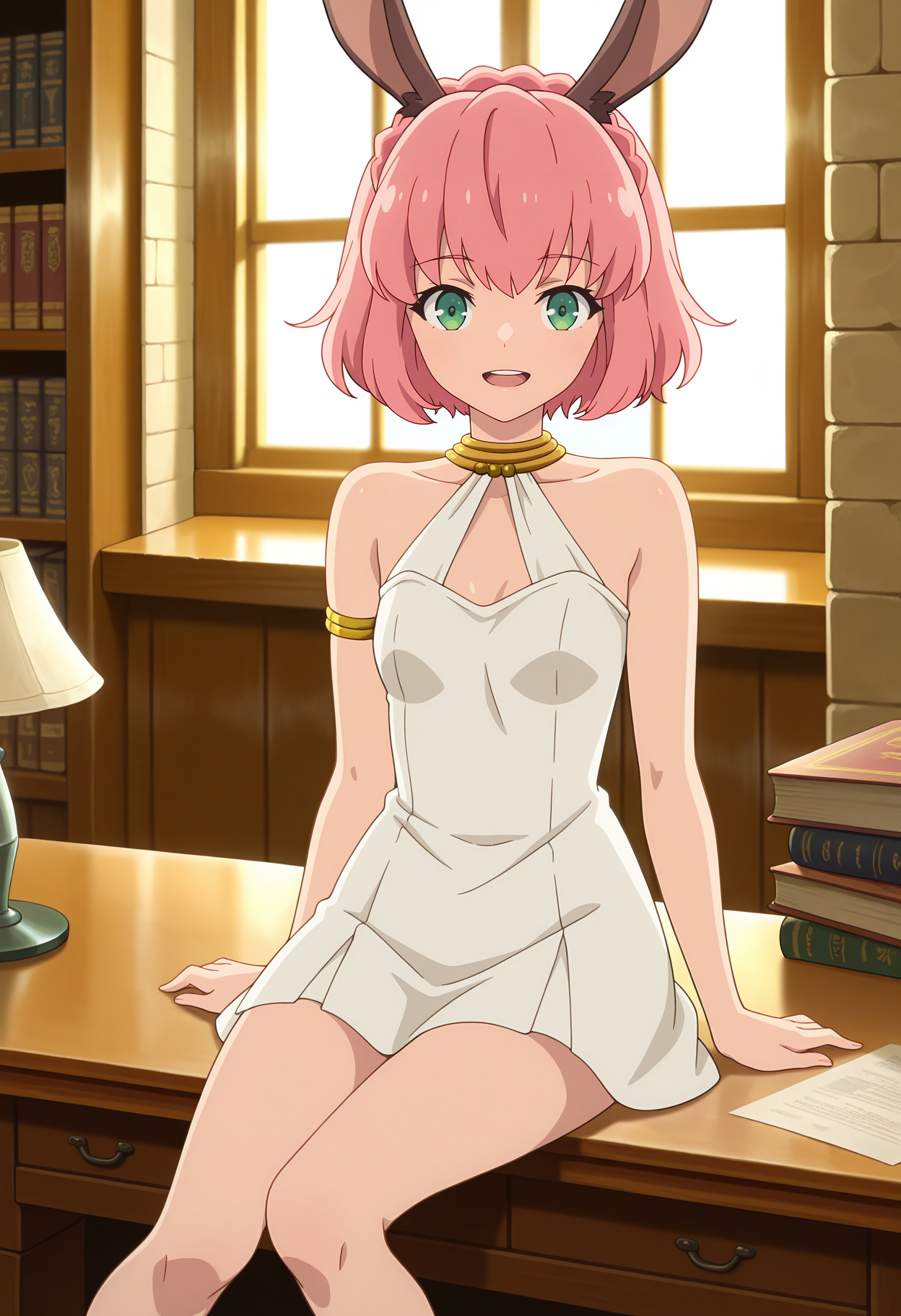 anime screencap, masterpiece, best quality,
<lora:IsekaiMaou_Sylvie_IlluXL:0.9>,
1girl, solo, open mouth, light smile, upper teeth only,
short hair, pink hair, crown braid, green eyes, rabbit ears,
SylvieIM, neck ring, gold trim, sleeveless dress, skin tight, short dress, white dress, small breasts, armlet,
sitting, looking at viewer,
medieval, office, table, bookshelf, window, indoors, photo background, blurry background