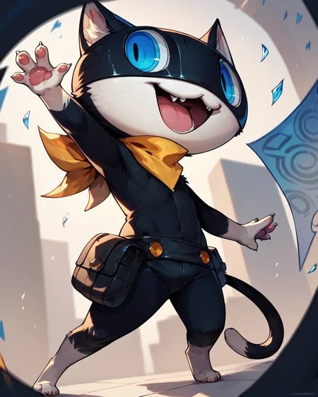 score_9, score_8_up, score_7_up, solo, 1boy, morgana, anthro cat, small male, black fur, blue eyes, dynamic pose, fang, dynamic angle, depth of field, <lora:Morgana_PDXL:1>