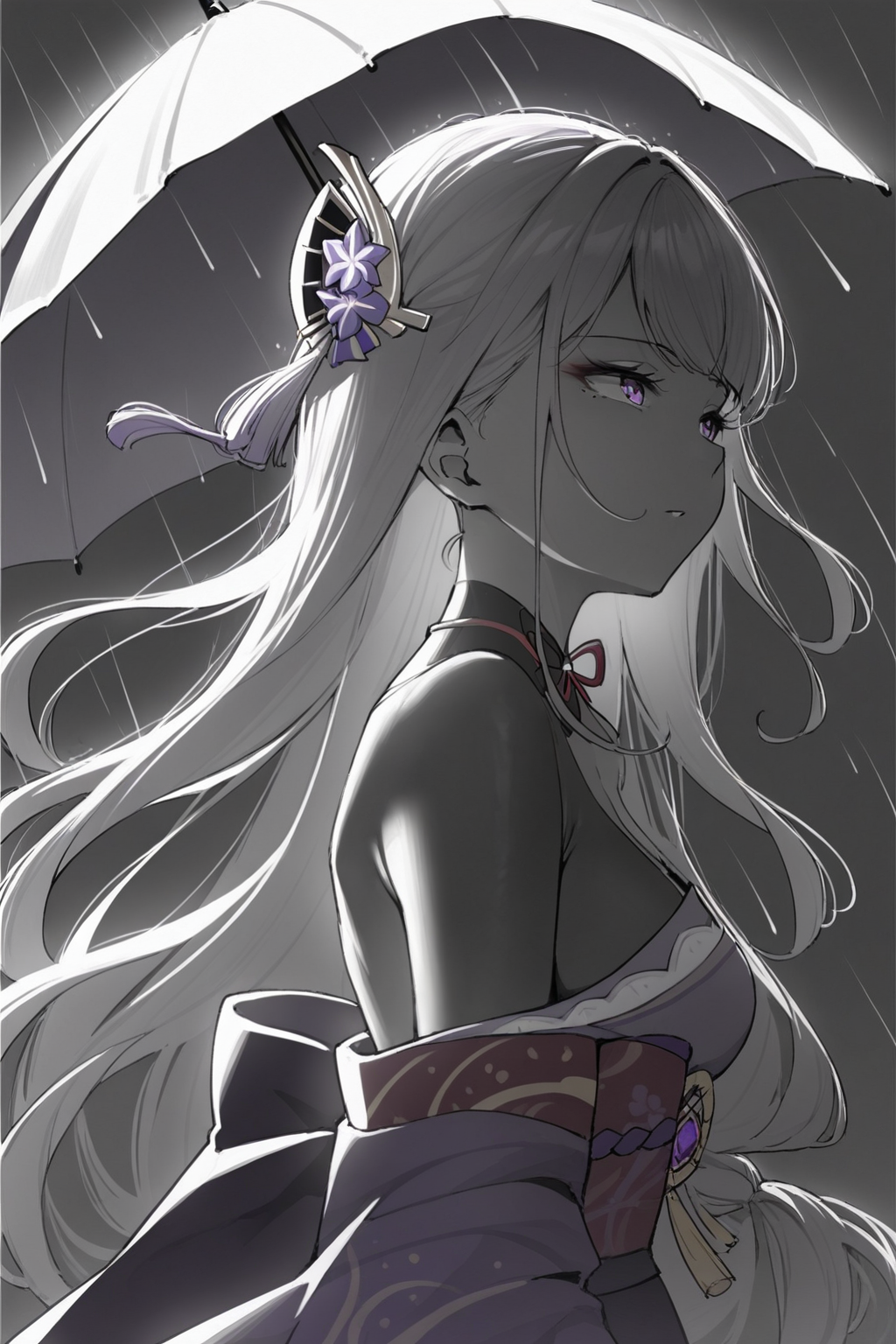score_9, score_8_up, score_7_up, genshin impact, raiden shogun, black shrug, bridal gauntlets, hair ornament, japanese clothes, kimono, long hair, low-braided long hair, low-tied long hair, purple eyes, purple hair, purple kimono, purple nails, red sash, sash, very long hair, solo, solo focus, cowboy shot, simple background, black background, monochrome, greyscale, dark  Walking with an umbrella in the rain, looking up with a sense of optimism and hope., spot color, <lora:dblack:1>