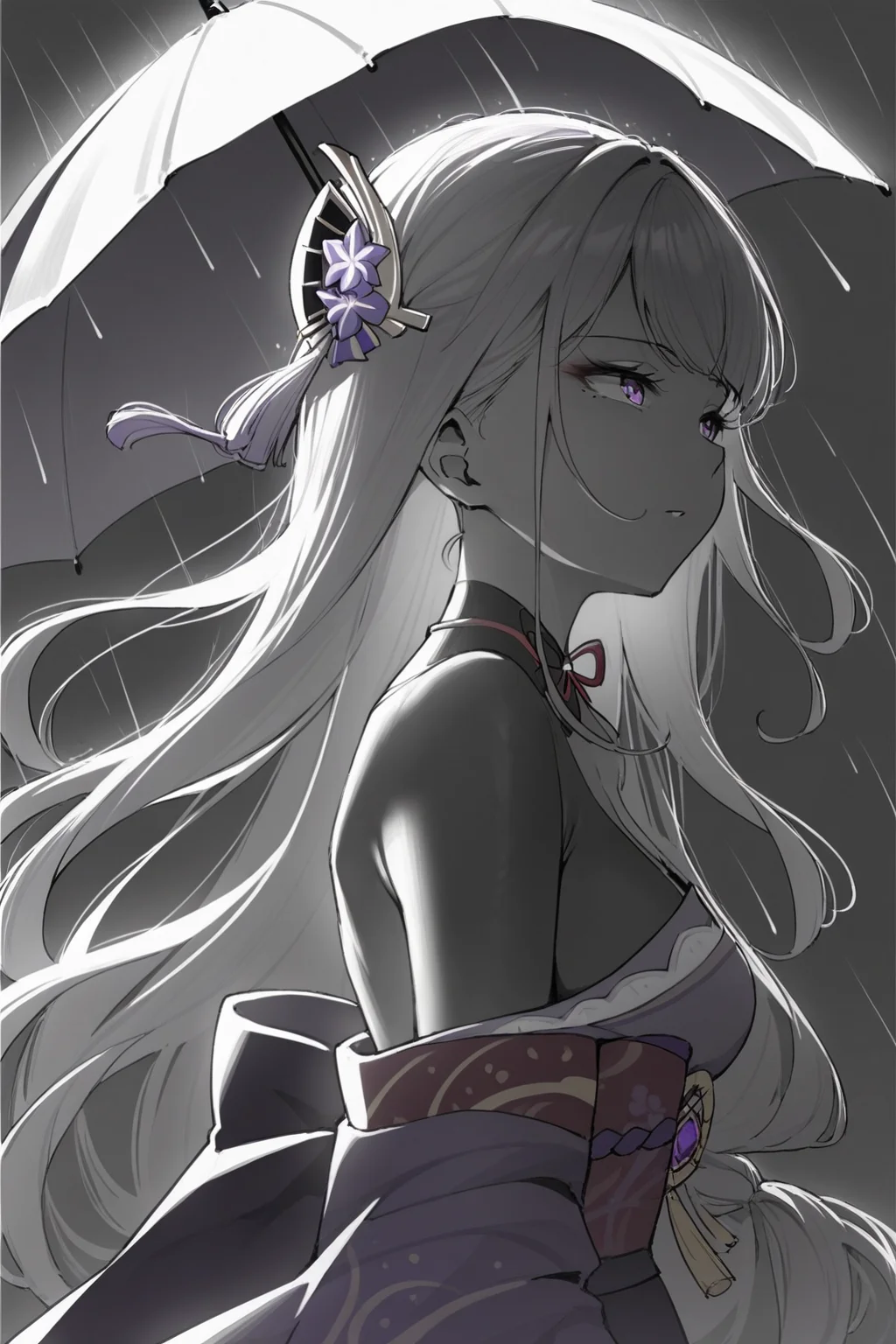 score_9, score_8_up, score_7_up, genshin impact, raiden shogun, black shrug, bridal gauntlets, hair ornament, japanese clothes, kimono, long hair, low-braided long hair, low-tied long hair, purple eyes, purple hair, purple kimono, purple nails, red sash, sash, very long hair, solo, solo focus, cowboy shot, simple background, black background, monochrome, greyscale, dark Walking with an umbrella in the rain, looking up with a sense of optimism and hope., spot color, <lora:dblack:1>