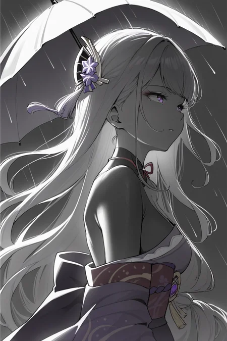 score_9, score_8_up, score_7_up, genshin impact, raiden shogun, black shrug, bridal gauntlets, hair ornament, japanese clothes, kimono, long hair, low-braided long hair, low-tied long hair, purple eyes, purple hair, purple kimono, purple nails, red sash, sash, very long hair, solo, solo focus, cowboy shot, simple background, black background, monochrome, greyscale, dark Walking with an umbrella in the rain, looking up with a sense of optimism and hope., spot color, <lora:dblack:1>