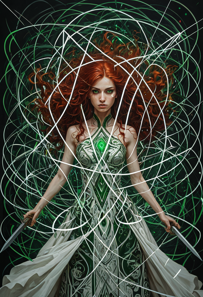 geometric abstract art theme, with a black background with green squares and white lines, (10:0.9090909090909091), a detailed drawing, Alson S. Clark, a1bs2trac1t, background, aura, Height: Approximately 5 feet 7 inches, (170 cm:1.1), with a statuesque and elegant presence, Build: Slim and toned, with a feminine, athletic figure that conveys both her agility and strength, Hair: Long, wavy, or slightly curled auburn or deep red hair that flows freely or is styled to emphasize her dynamic and mystical persona. The rich hue of her hair adds to her fiery and intense appearance, Eyes: Hazel or green eyes that are expressive and piercing. When using her powers, her eyes often glow red, symbolizing the chaos magic she wields, Skin: Fair and flawless complexion, with a radiant, almost ethereal quality that enhances her connection to the mystical realm of the universe.,
A young woman's face in the center, surrounded by a green and black background. the woman has long dark hair and is wearing a white dress with intricate patterns and designs. she is holding a sword in her right hand and appears to be in a fighting stance. the background is filled with various shapes and colors, including triangles, squares, and rectangles, creating a chaotic and dynamic composition. on either side of the woman's head, there are two figures, one on each side, that appear to be floating in the air. the figure on the left is holding the sword with both hands, while the figure in the middle is lying down with their arms stretched out in front of them. the figures are surrounded by a multitude of green and white lines and shapes, creating an abstract and chaotic atmosphere. the overall effect is one of energy and movement, with the woman appearing to be in motion and energy.
 <lora:a1bs2trac1t:1>