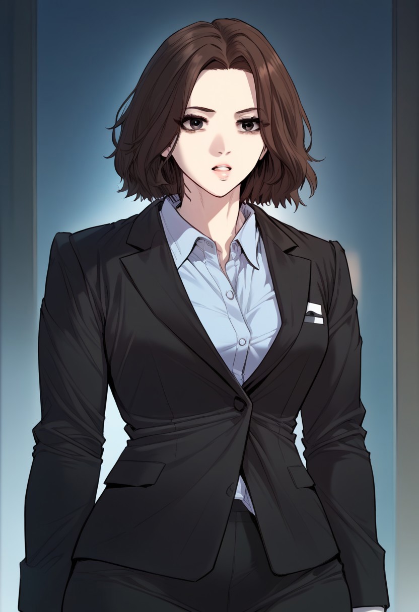 zPDXL3, score_9_up, score_8_up, score_7_up, (Anime_source), 1girl, Joanna, dark eyes, brown hair, short hair, office clothes, cowboy shot, looking at viewer, parted lips