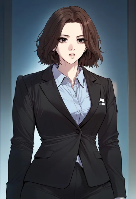zPDXL3, score_9_up, score_8_up, score_7_up, (Anime_source), 1girl, Joanna, dark eyes, brown hair, short hair, office clothes, cowboy shot, looking at viewer, parted lips