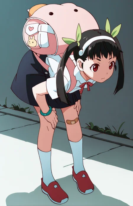 HachikujiMayoi. 1girl, solo, black hair, red eyes, twintails, hair band, green hairbow, white shirt, short sleeves, skirt, socks, bag, bracelet, backpack, suspenders, bandaid on knee, standing, bent over, arms on hips,