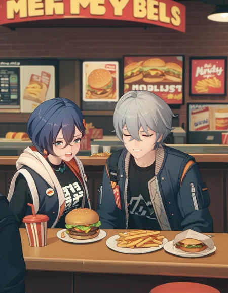 score_9, score_8_up, score_7_up, 1girl, 1boy, hungry, excited, burger, mcdonald's, counter, sitting, indoors
<lora:zzz-siblings-ponyxl:1> belle, hooded jacket, black shirt
wise, open jacket, black shirt, jacket