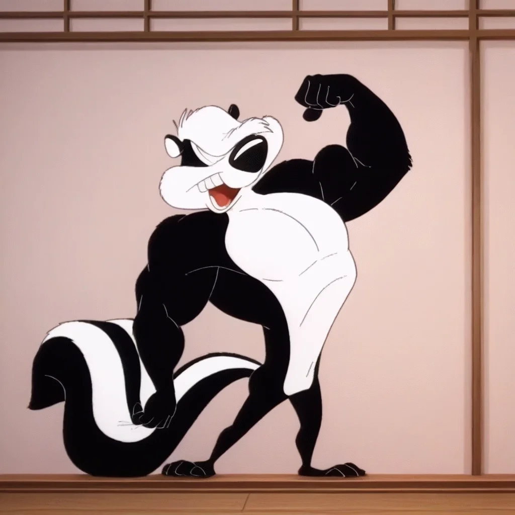 score_9, score_8_up, score_7_up, PituLePew, skunk, cartoon skunk, anthropomorphic skunk, furry male, male focus, black fur, white face, white chest, white stomach, shortstack, muscular, muscles, white hair, hair covering eyes, black nose, big nose, large tail, skunk tail, footpaws, full body, flexing arm