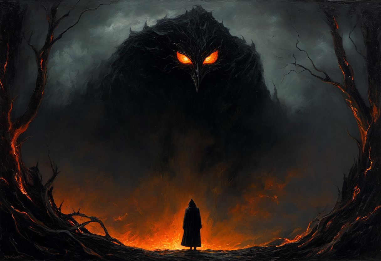 In the night's cold black caress I heed
The flames dancing upon the fresh sawed limbs
And the warnings born in the flickering
Fear not the tales of old
For they are all that remains
Melodies spoken to beasts within
Vile beasts from bottomless depths arise
With bated breath our will is whispered
The inferno forever grows and thrives. oil painting, highly detailed, cinematic, epic, matte painting, sombre, melancholic, sad, dark, ominous, haunting, foreboding, sinister, shadowy, harrowing, full body, low angle, imposing, from below, complimentary colours orange and grey