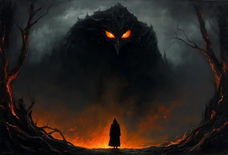 In the night's cold black caress I heed
The flames dancing upon the fresh sawed limbs
And the warnings born in the flickering
Fear not the tales of old
For they are all that remains
Melodies spoken to beasts within
Vile beasts from bottomless depths arise
With bated breath our will is whispered
The inferno forever grows and thrives. oil painting, highly detailed, cinematic, epic, matte painting, sombre, melancholic, sad, dark, ominous, haunting, foreboding, sinister, shadowy, harrowing, full body, low angle, imposing, from below, complimentary colours orange and grey