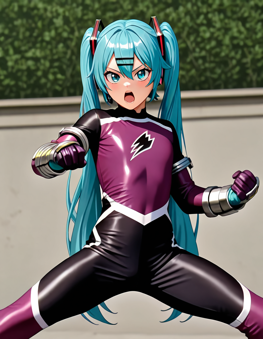 masterpiece, best quality, amazing quality, very aesthetic, absurdres, newest,shiny skin  (((anime screenshot:1))),  anime coloring,   hatsune miku,  twintails,  blue hair,  fighting stance,  hairclip  looking at viewer,  open mouth 1girl , flat chest, GEKIVIOLET, robot, solo, GEKVIO bodysuit, GEKVIO gloves, GEKVIO boots, helmetless  <lora:Jungle_Fury__Gekiranger:1>