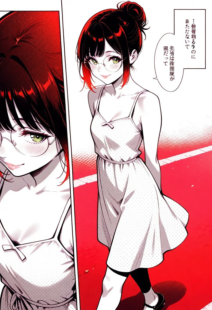 masterpiece, best quality, 32k, high resolution, absurdres, HD32k, masterpiece, extremely detailed,Patty, PattyRH, black hair, hair bun, gradient hair(red-black), green eyes, big round eyeglasses, small breasts, slim, pierced navel, pale skin,dynamic pose, solo, looking at viewer,  intimate, candid, elegant, close up,sundress, cute pattern sundress, walking, hands behind back, looking away, outdoors, little smile, closeup, lips closeup ,posing cute, shy, blush, high angle view, dowblouse, explicit insets, comic book panels, manga, speech bubbles, Japanese text, multiple angles, (red theme), monochrome, halftone, high contrast, side view, front view, happy
