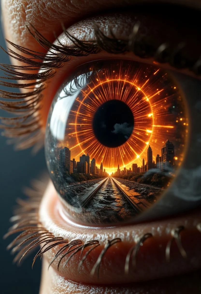 "A fiery amber eye, with the iris reflecting an apocalyptic wasteland. Crumbling skyscrapers and cracked highways stretch into the distance, with ominous storm clouds swirling overhead. Faint sparks of embers drift across the sclera, creating an eerie, dystopian tone. The eye’s glossy texture contrasts with the gritty destruction inside."
, aidmamjv7, aidmaHyperrealism, aidmaimageupgrader