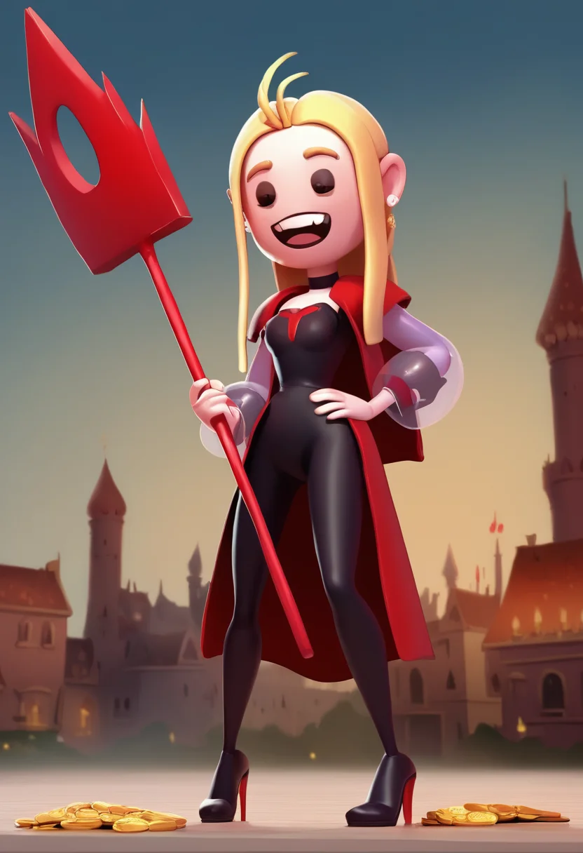 score_9, score_8_up, score_7_up, score_claymation, score_3d, 1girl, solo,  beautiful, savannahXYZ of darkness the Demon queen, blonde hair, darkness amor, legplate, high heel, holding a chaos spear, Arrogant and happy, background (Evil underworld city city of Helltopia, town hall, vendors stall, gold coin, flying broom, dark castle),
<lora:savannahXYZ:1.0>,