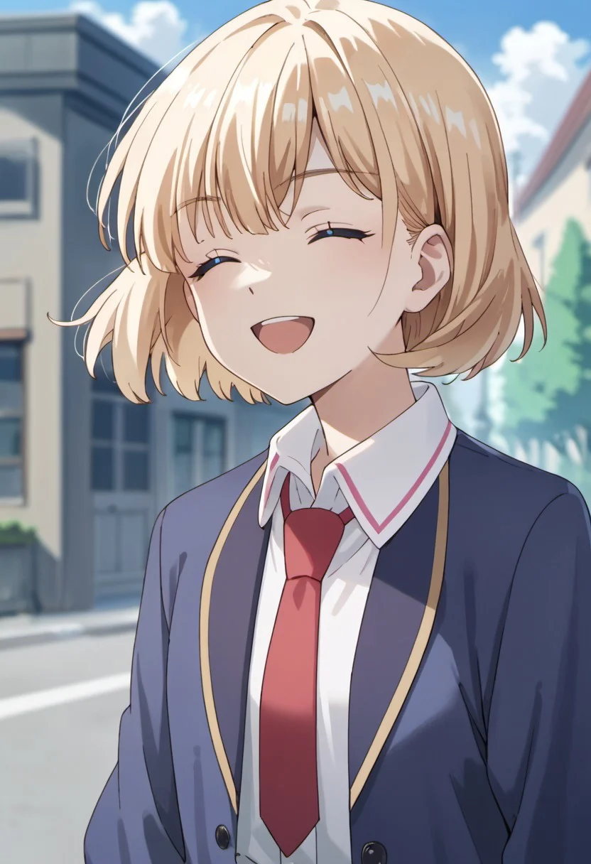 score_9, score_8_up, score_7_up, source_anime, mia luna tearmoon, blonde hair, short hair, blue eyes, solo, 1girl, closed eyes, smile, necktie, outdoors, open mouth, shirt, collared shirt, white shirt, jacket, red necktie
