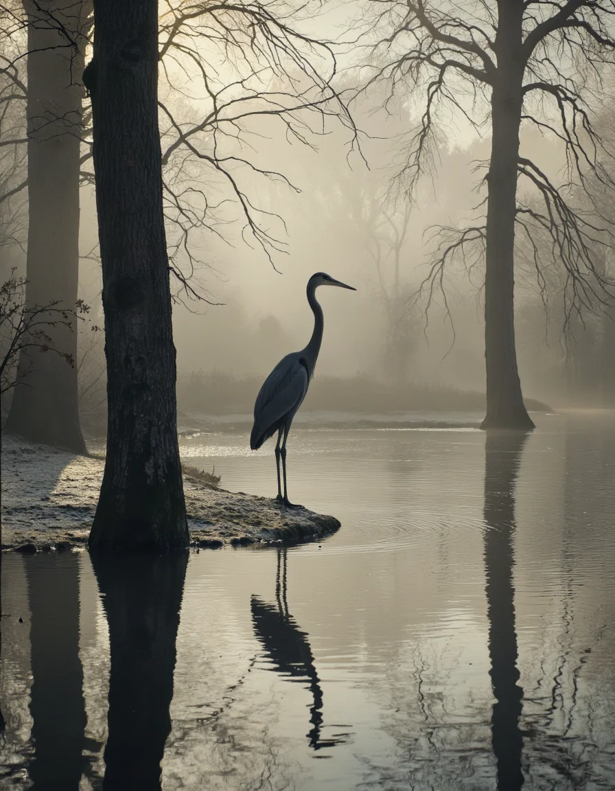 . A bird standing on the edge of a misty river with its reflection in the water, surrounded by bare trees and a serene atmosphere. a large bird, likely a heron, is standing in the middle of the image, facing the viewer with its long neck stretched out. the bird is silhouetted against the misty backdrop, with the trees partially submerged in the still water, creating a sense of depth and perspective. the trees in the background are bare, with no leaves, and the water is calm and still, reflecting the trees and the sky above. the image has a soft, ethereal quality to it, with a focus on the bird's silhouette and the texture of the water's surface, making it a beautiful and serene scene.