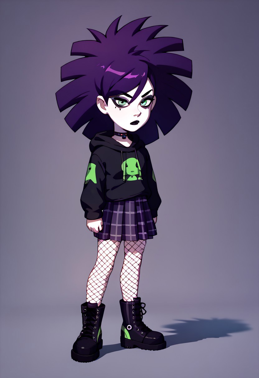 score_9, score_8_up, score_7_up BREAK JaniceCS, dark purple hair, green eyes, pale skin, black eyeliner, black lipstick, black hoodie, pleated plaid purple skirt, fishnet stockings, black combat boots, spiky wristbands, full body, solo, solo focus,
