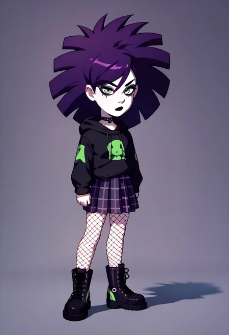 score_9, score_8_up, score_7_up BREAK JaniceCS, dark purple hair, green eyes, pale skin, black eyeliner, black lipstick, black hoodie, pleated plaid purple skirt, fishnet stockings, black combat boots, spiky wristbands, full body, solo, solo focus,