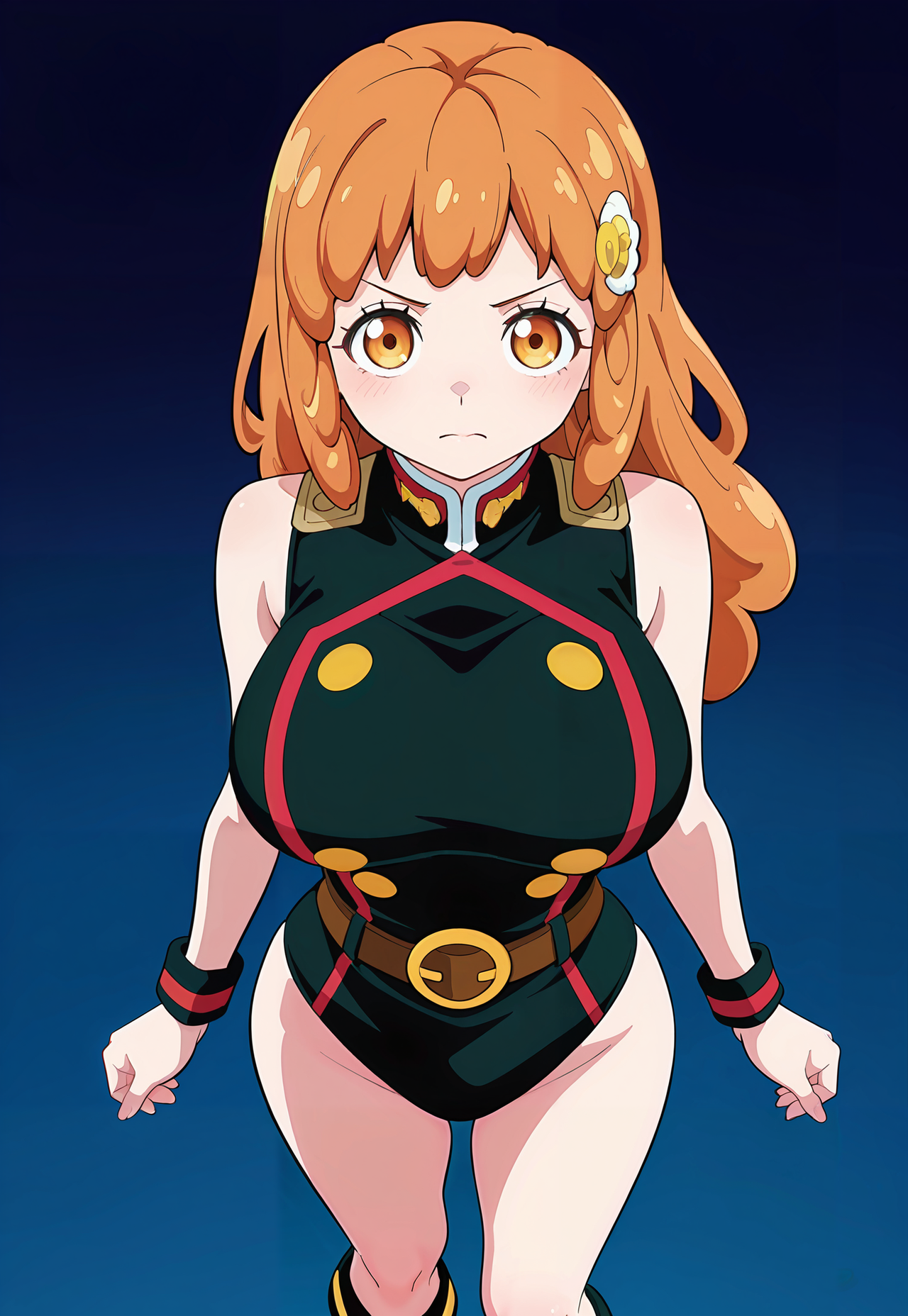 masterpiece, best quality, amazing quality, 1girl, solo, sahara wakasa, long wavy orange hair, rounded bangs, soft amber eyes, hair clip, large breasts, wide hips, black one piece sleeveless military uniform with red trim and gold buttons, low waist black leotard bottoms, brown belt with gold buckle, black shin height boots with red trim and gold buckle, black wristbands with red trim, standing, soft expression, looking at viewer, anime style, soft gradients, smooth shading, soft lighting, polished coloring, clean background, manga, full colour
