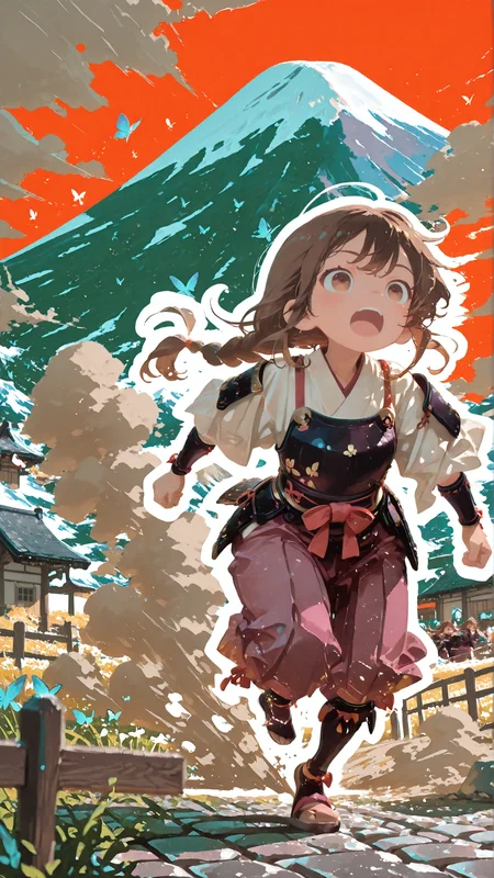 newest,very aesthetic, 
1girl,field, scenery, village, cobblestone, fence, running, butterfly, white outline, japanese armor, blurry foreground, long hair, floating hair, brown hair, long braid, open mouth, mount fuji, dust cloud, 
<lora:Neg4tive_sp4ce:0.6> blending, no lineart, no outlines <lora:S4bit4mago:1>  <lora:t4kar4i_shunsuk3:1> t4kar4i_illu,   <lora:svevsty:1> svevsty