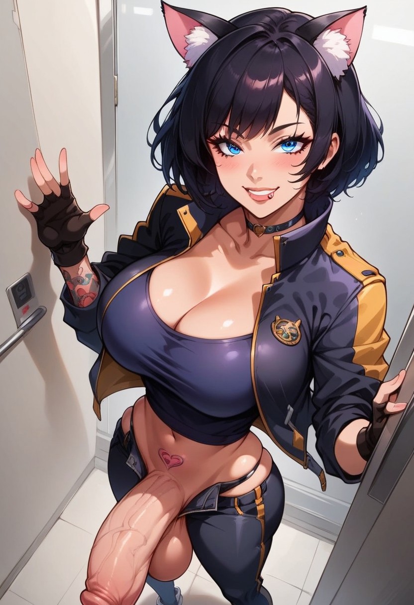 high angle, close view, flaccid penis, 
score_9_up, source_anime, beautiful face, beautiful eyes, perfect eyes, perfect face,
1girl, solo, girl solo, slobber, hourglass shaped body, curvy figure,
front view, inside elevator, (gloves, tattoo, fingerless gloves, multicolored clothes, jacket, pants:1.2), 
dynamic standing pose, seductive pose, full body, lewd face, slutty a lot, extream drooling,lewd face, slutty a lot, horny eyes, smug, high waisted thongs, high waisted thongs,
huge ass, large ass, medium breasts,
beautiful anime face, detailed anime face,
wide hip, (gigantic penis:1.3), flaccid penis, 
BREAK
futanari MisakiKuzaNk, black hair, short hair, cat ears, animal ears, blue eyes,