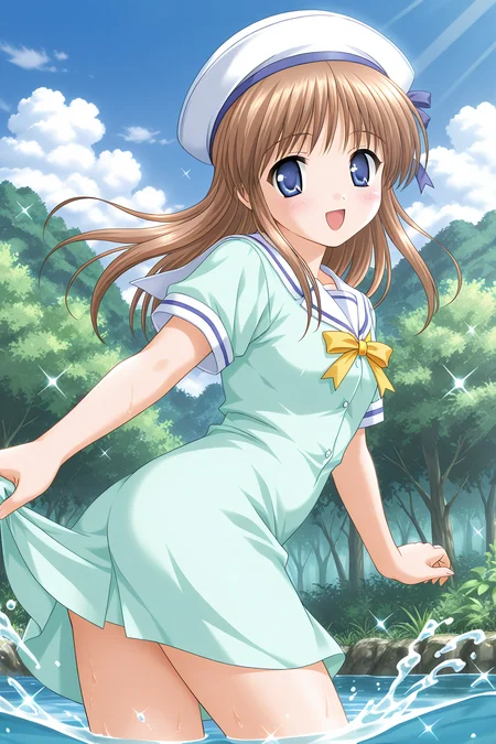 masterpiece, best quality, absurdres, official art, official style, rating general BREAK <lora:sylphycloud_IL_v1-1:0.7>, sylphy cloud, 1girl, solo, blue eyes, brown hair, long hair, bangs, flat chest, sailor hat, white headwear, blue ribbon, hat ribbon, serafuku, sailor dress, white sailor collar, green dress, aqua dress, short dress, puffy short sleeves, yellow bowtie, buttons, collarbone, ass, water, splashing, day, outdoors, cloud, nature, blush, wading, smile, open mouth, sunlight, tree, from behind, back, blue sky, light rays, wet, profile, forest, sparkle, :d, sun, scenery, lake, leaf, standing, happy, sunbeam, plant, looking back, floating hair, leaning forward, partially submerged