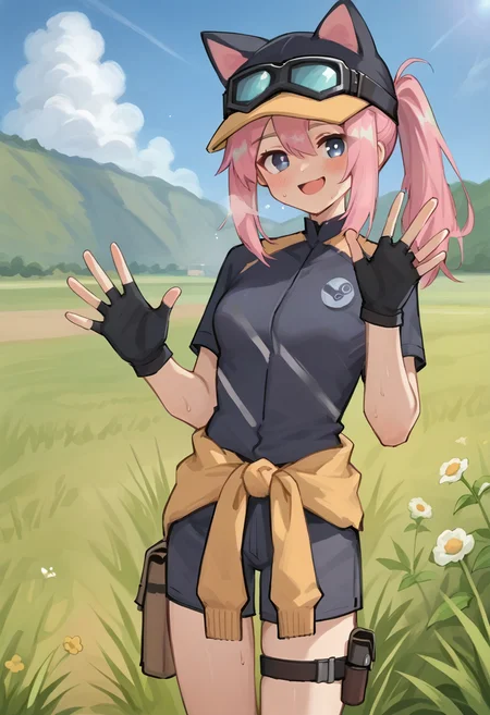 score_9, score_8_up, score_7_up, source_anime, <lora:steam delivery girl xl pony:0.8>, steamdeliveryGirl, 1girl, gloves, solo, pink hair, hat, outdoors, goggles, fingerless gloves, black gloves, smile, looking at viewer, blue eyes, eyewear on headwear, holding, clothes around waist, animal ears, long hair, jacket, ponytail, open mouth, goggles on headwear, waving, blush, bright pupils, short sleeves, sweat, grass, black headwear, white pupils, day, sky, hair between eyes, baseball cap, field, thigh strap, steam logo, steam icon, steam symbol