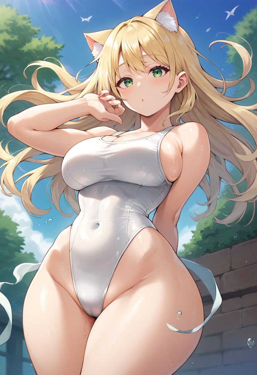 score_9, score_8_up, score_7_up, source_anime, 1girl, one-piece swimsuit, white swimsuit, blonde hair, green eyes, floating hair, cat girl, cat ears, big breasts, wide hips, thick thighs , <lora:Rebis-Style-PonyXL-Dora-000020:1>
