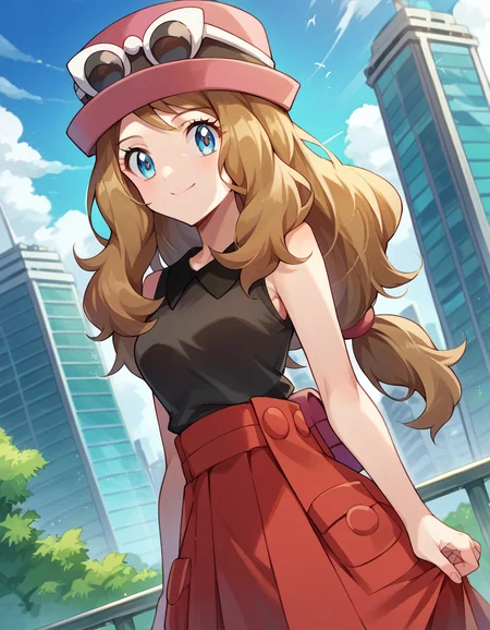 score_9, score_8_up, score_7_up, source_anime,
pokemonserena, <lora:pokemon-serena-ponyxl-lora-nochekaiser:1>
serena, long hair, blue eyes, brown hair, smile,
eyewear on head, hat, skirt, sunglasses, shirt, black shirt, sleeveless, red skirt, pink hat,
outdoors, cityscape,
looking at viewer, cowboy shot, dutch angle,