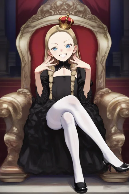 score_9, score_8_up, score_7_up, source_anime, rating_safe BREAK
naughty grin, blonde hair, braided bangs, long hair, gold mini crown, blue eyes, forehead, flat chest, black dress, white pantyhose, black shoes, (ojou-sama pose:0.8), sitting, crossed legs, high heels, royal throne, luxurious living room