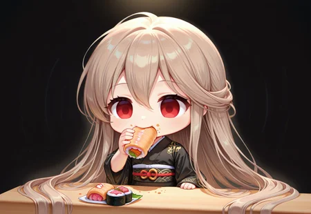 1girl,solo,red eyes,brown hair,very long hair,((chibi)),eating nigirizushi, eat with hand,white outline,empty background,black background,flat background,eating sushi,