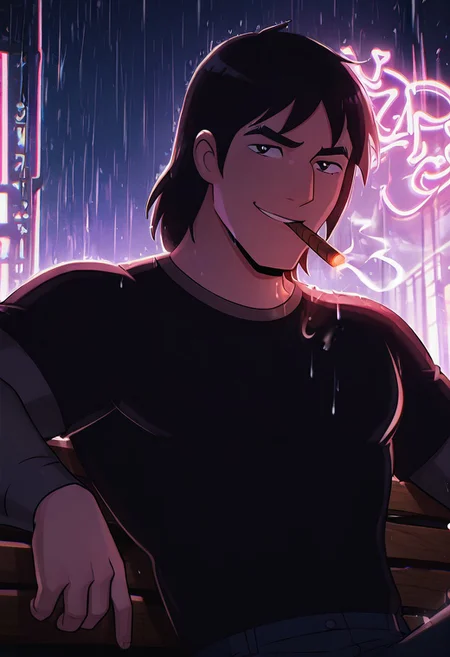 masterpiece, best quality, amazing quality, very aesthetic, absurdres, newest,
kevaf, black hair, 1boy, solo, black shirt, layered sleeves, short over long sleeves, thick eyebrows,
neon lights, smoking cigar, upper body, heavy rain, sitting on park bench, smile,