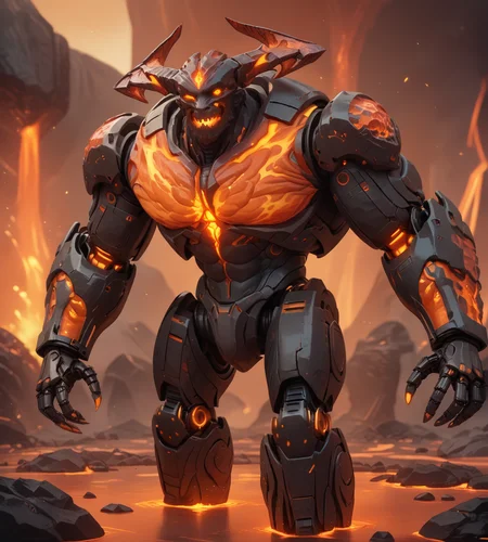 score_9,score_8_up,score_7_up,score_6_up,source anime BREAK,
1boy, muscular, demon, monster, horns, looking at viewer, science fiction, cyberpunk, metal, robot
magma, lava, glowing, molten rock, 
 <lora:magma_12_lbw_2:1.8>