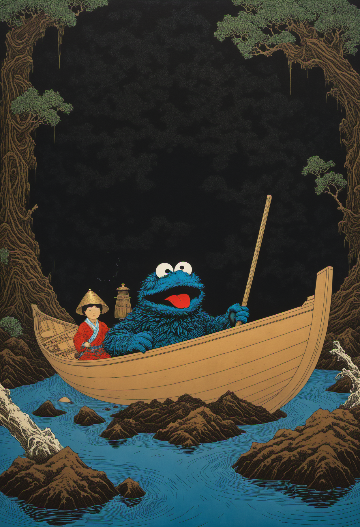dark digital art, cookie monster jedi in a small boat in the middle of a dark swamp, (in the style of takato yamamoto:1.2), vibrant, cinematic, abstract chaotic static background pattern,
. emotional, harmonious, vignette, 4k epic detailed, shot on kodak, 35mm photo, sharp focus, high budget, cinemascope, moody, epic, gorgeous, film grain, grainy
. predating human civilization. crude and simple, but also surprisingly beautiful artwork, made by genius primeval artist. best quality, high resolution
<lora:Takato_Yamamoto_Style:1.0>
<lora:xl_more_art-full_v1:0.75>
