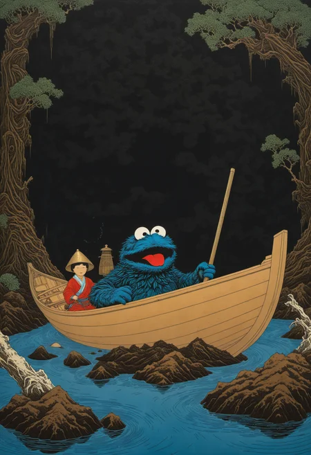 dark digital art, cookie monster jedi in a small boat in the middle of a dark swamp, (in the style of takato yamamoto:1.2), vibrant, cinematic, abstract chaotic static background pattern,
. emotional, harmonious, vignette, 4k epic detailed, shot on kodak, 35mm photo, sharp focus, high budget, cinemascope, moody, epic, gorgeous, film grain, grainy
. predating human civilization. crude and simple, but also surprisingly beautiful artwork, made by genius primeval artist. best quality, high resolution
<lora:Takato_Yamamoto_Style:1.0>
<lora:xl_more_art-full_v1:0.75>